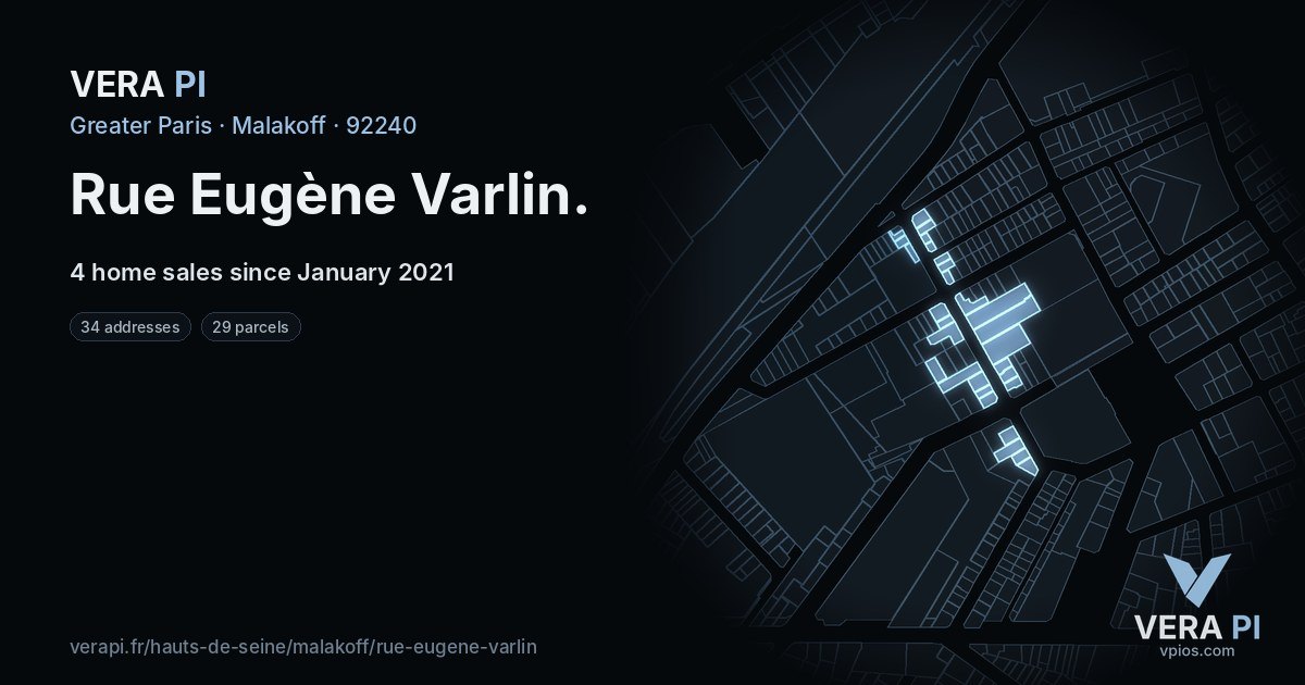 Rue Eugène Varlin, Malakoff at night – every parcel coloured by the prices around it, the street's own parcels lit