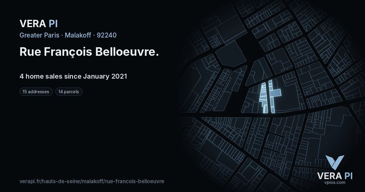Rue François Belloeuvre, Malakoff at night – every parcel coloured by the prices around it, the street's own parcels lit