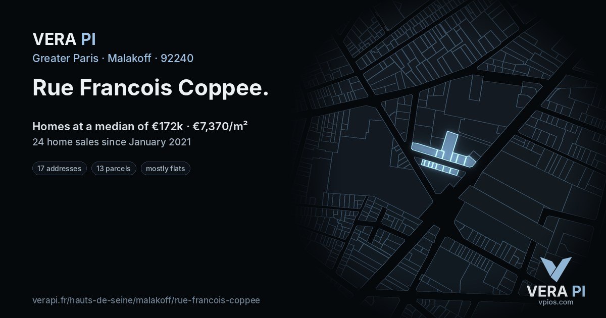 Rue Francois Coppee, Malakoff at night – every parcel coloured by the prices around it, the street's own parcels lit