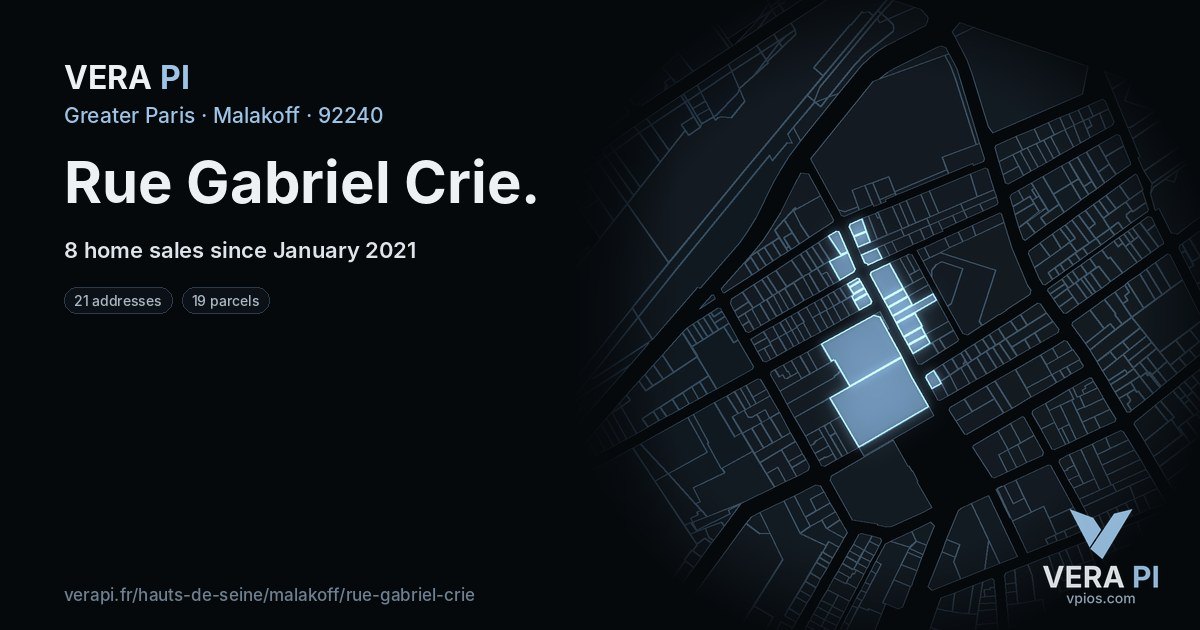 Rue Gabriel Crie, Malakoff at night – every parcel coloured by the prices around it, the street's own parcels lit