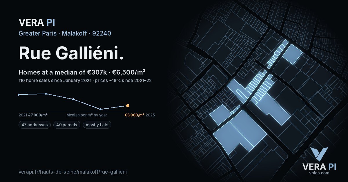 Rue Galliéni, Malakoff at night – every parcel coloured by the prices around it, the street's own parcels lit