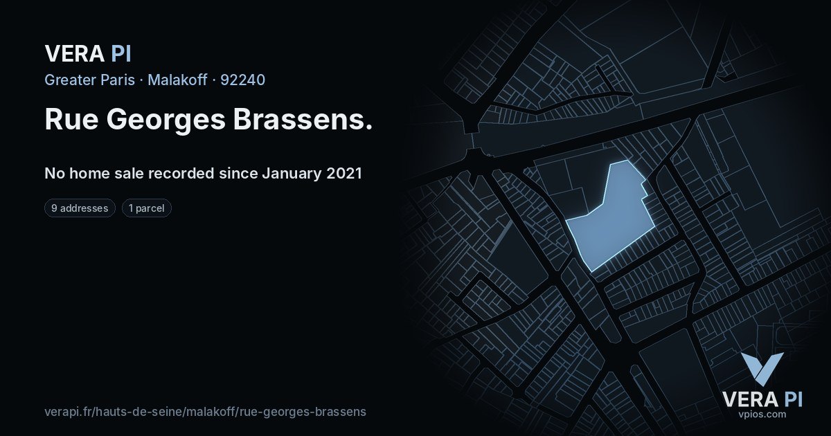 Rue Georges Brassens, Malakoff at night – every parcel coloured by the prices around it, the street's own parcels lit