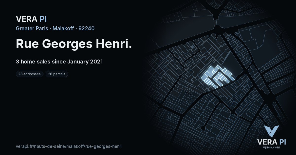 Rue Georges Henri, Malakoff at night – every parcel coloured by the prices around it, the street's own parcels lit