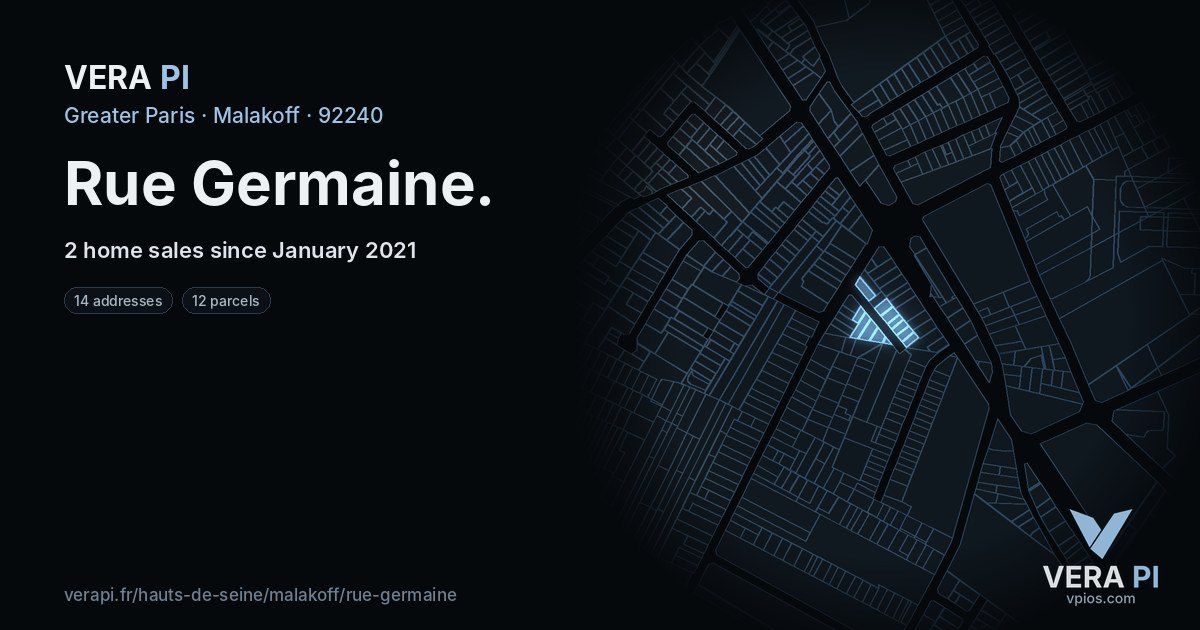 Rue Germaine, Malakoff at night – every parcel coloured by the prices around it, the street's own parcels lit