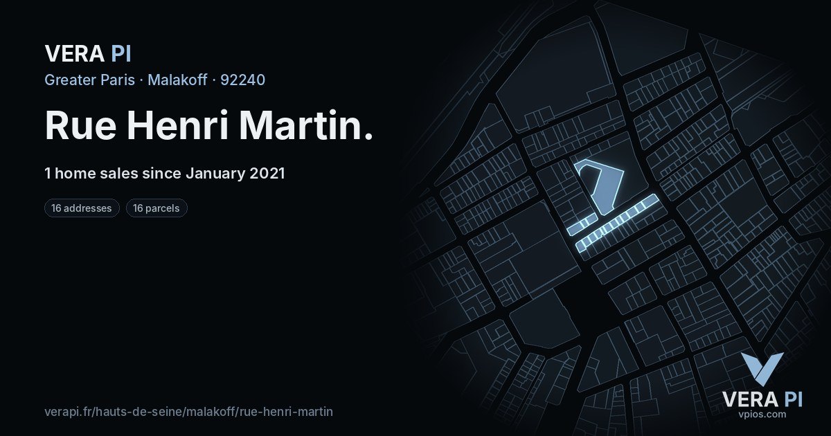 Rue Henri Martin, Malakoff at night – every parcel coloured by the prices around it, the street's own parcels lit