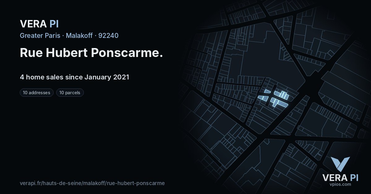 Rue Hubert Ponscarme, Malakoff at night – every parcel coloured by the prices around it, the street's own parcels lit