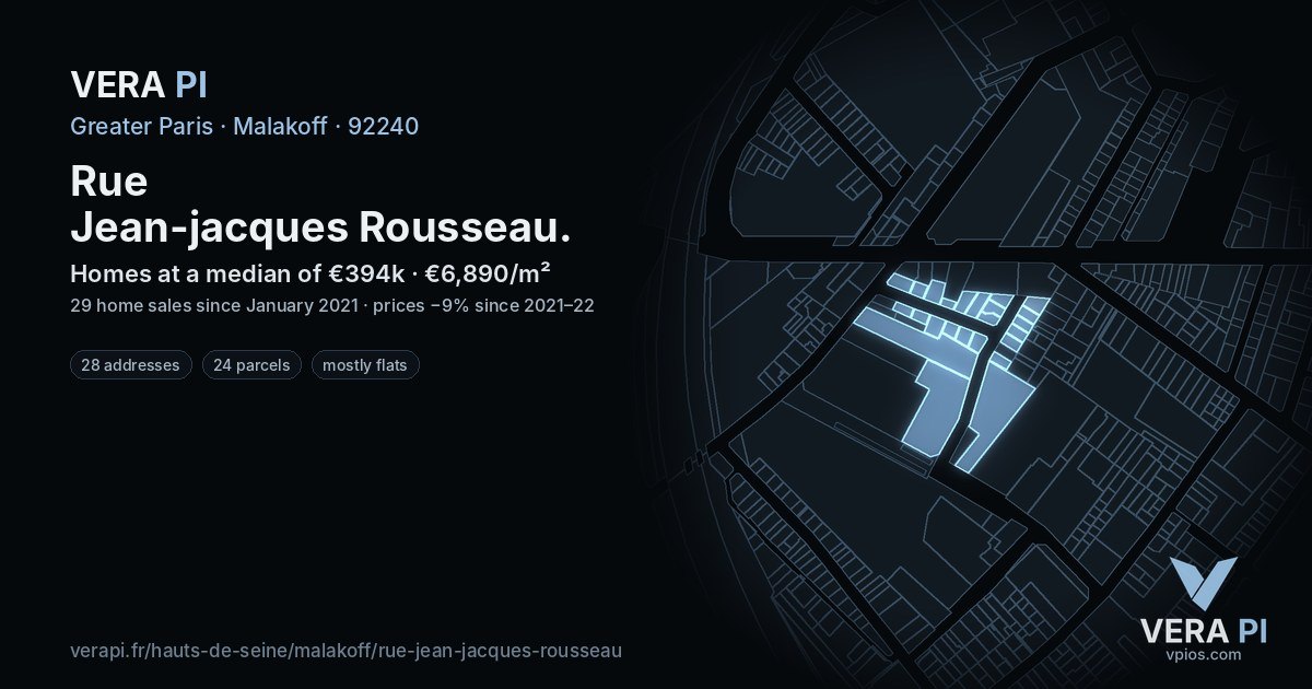 Rue Jean-jacques Rousseau, Malakoff at night – every parcel coloured by the prices around it, the street's own parcels lit