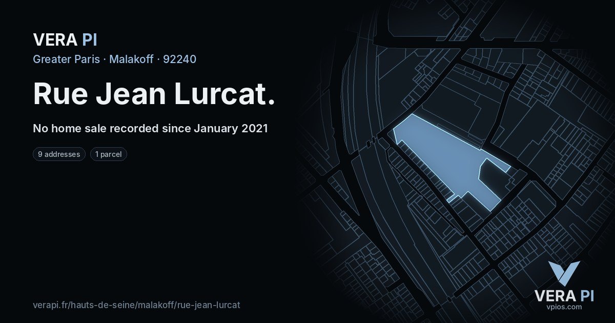 Rue Jean Lurcat, Malakoff at night – every parcel coloured by the prices around it, the street's own parcels lit