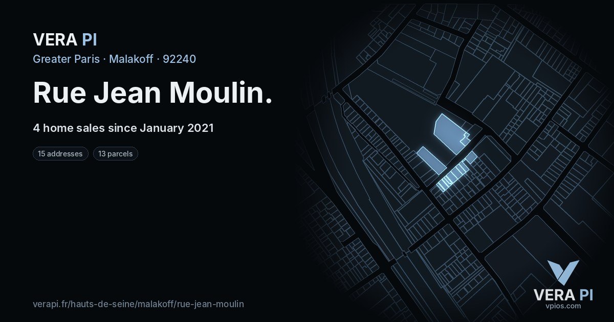 Rue Jean Moulin, Malakoff at night – every parcel coloured by the prices around it, the street's own parcels lit