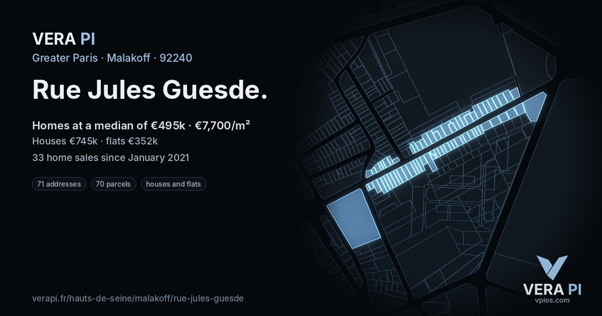 Rue Jules Guesde, Malakoff at night – every parcel coloured by the prices around it, the street's own parcels lit