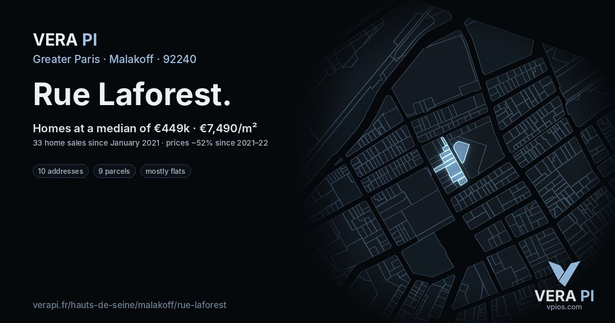 Rue Laforest, Malakoff at night – every parcel coloured by the prices around it, the street's own parcels lit