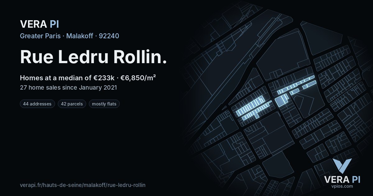 Rue Ledru Rollin, Malakoff at night – every parcel coloured by the prices around it, the street's own parcels lit