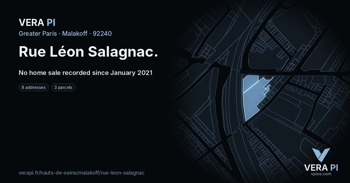 Rue Léon Salagnac, Malakoff at night – every parcel coloured by the prices around it, the street's own parcels lit