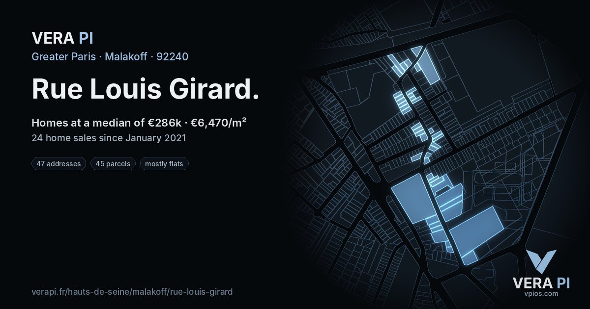 Rue Louis Girard, Malakoff at night – every parcel coloured by the prices around it, the street's own parcels lit