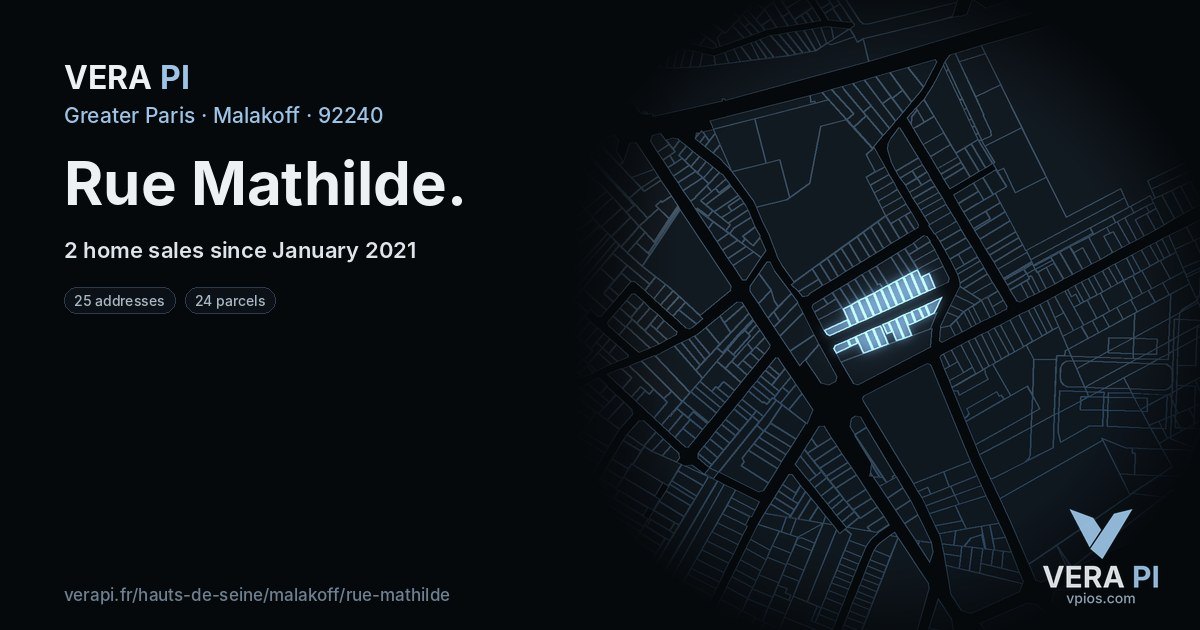 Rue Mathilde, Malakoff at night – every parcel coloured by the prices around it, the street's own parcels lit