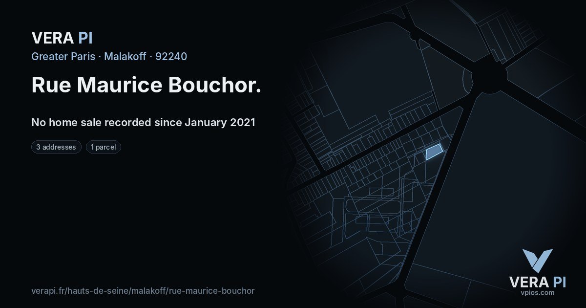Rue Maurice Bouchor, Malakoff at night – every parcel coloured by the prices around it, the street's own parcels lit
