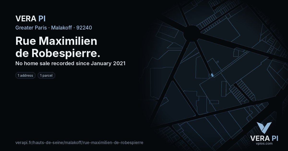 Rue Maximilien de Robespierre, Malakoff at night – every parcel coloured by the prices around it, the street's own parcels lit
