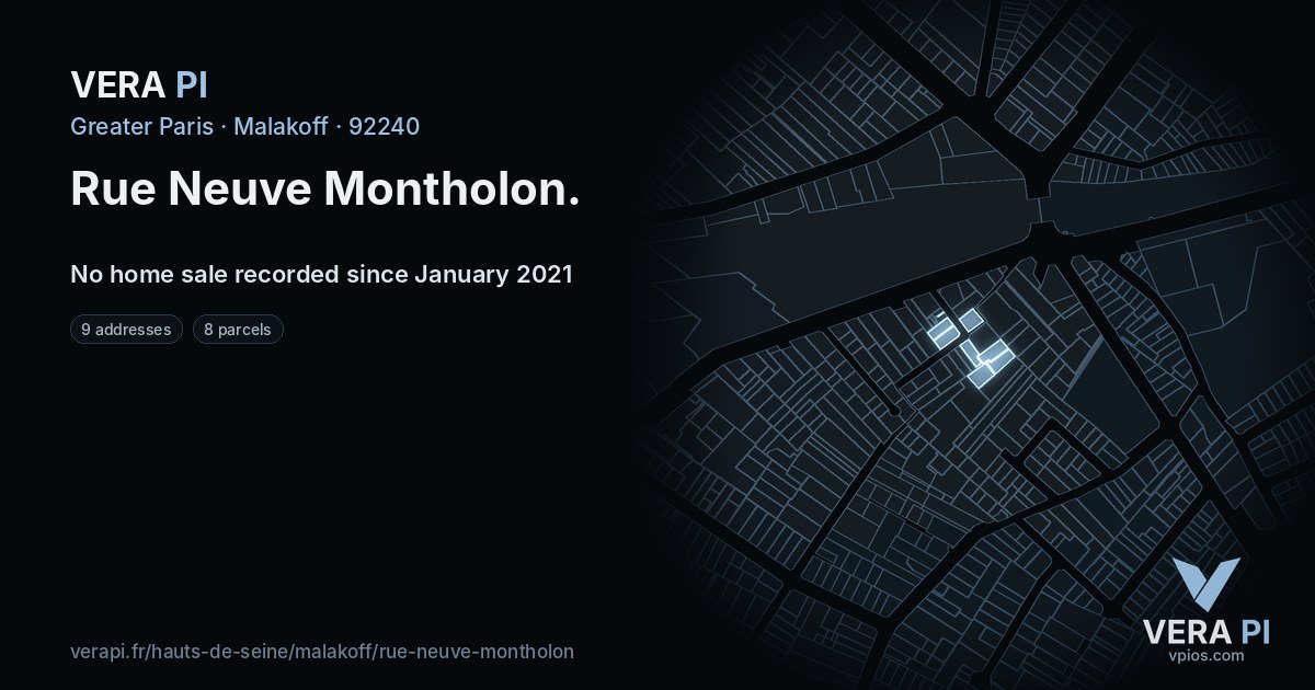 Rue Neuve Montholon, Malakoff at night – every parcel coloured by the prices around it, the street's own parcels lit