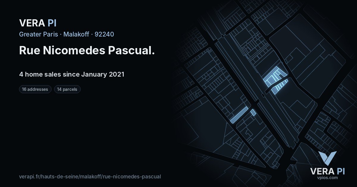 Rue Nicomedes Pascual, Malakoff at night – every parcel coloured by the prices around it, the street's own parcels lit