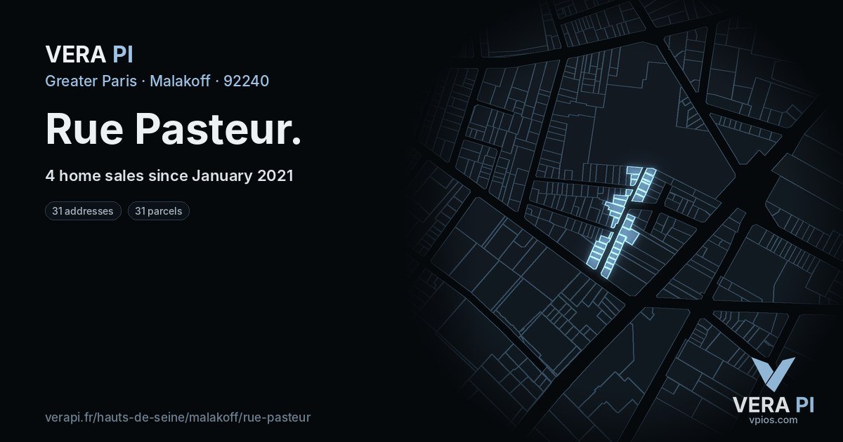 Rue Pasteur, Malakoff at night – every parcel coloured by the prices around it, the street's own parcels lit