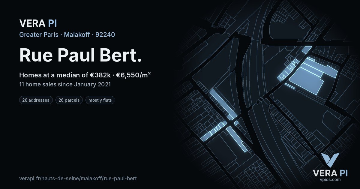 Rue Paul Bert, Malakoff at night – every parcel coloured by the prices around it, the street's own parcels lit