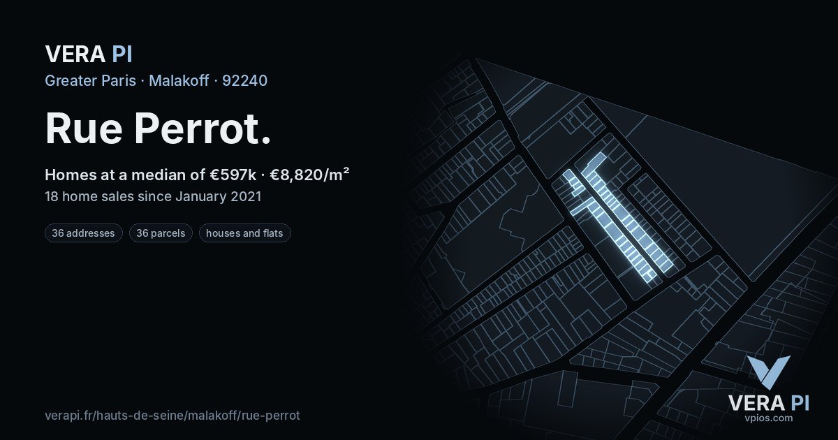 Rue Perrot, Malakoff at night – every parcel coloured by the prices around it, the street's own parcels lit
