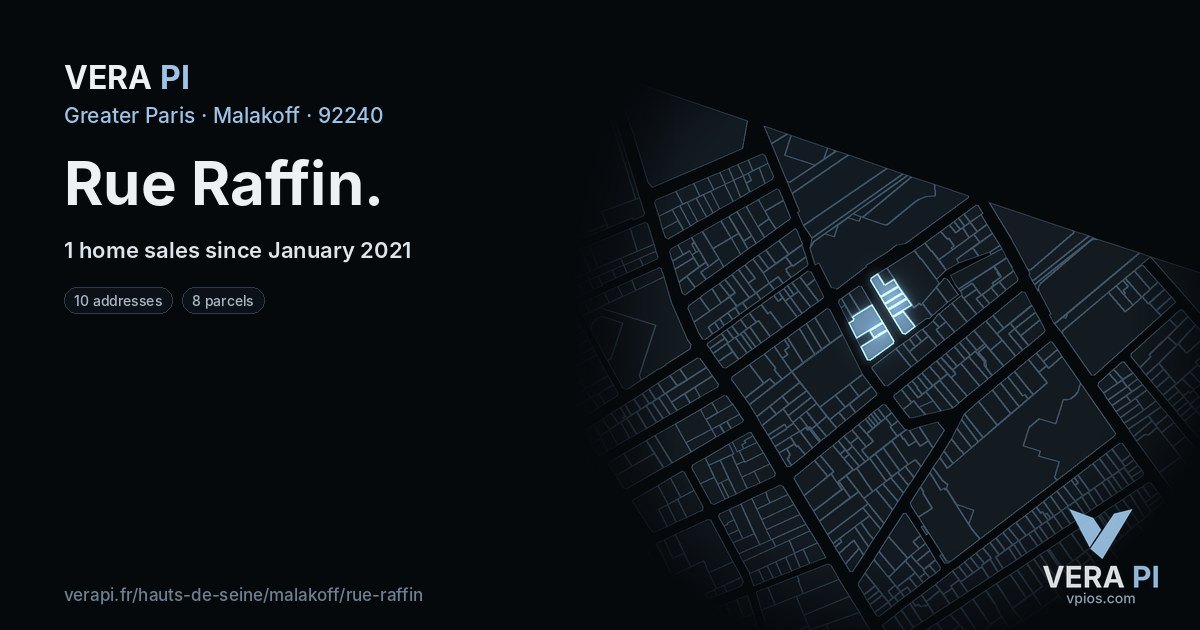 Rue Raffin, Malakoff at night – every parcel coloured by the prices around it, the street's own parcels lit