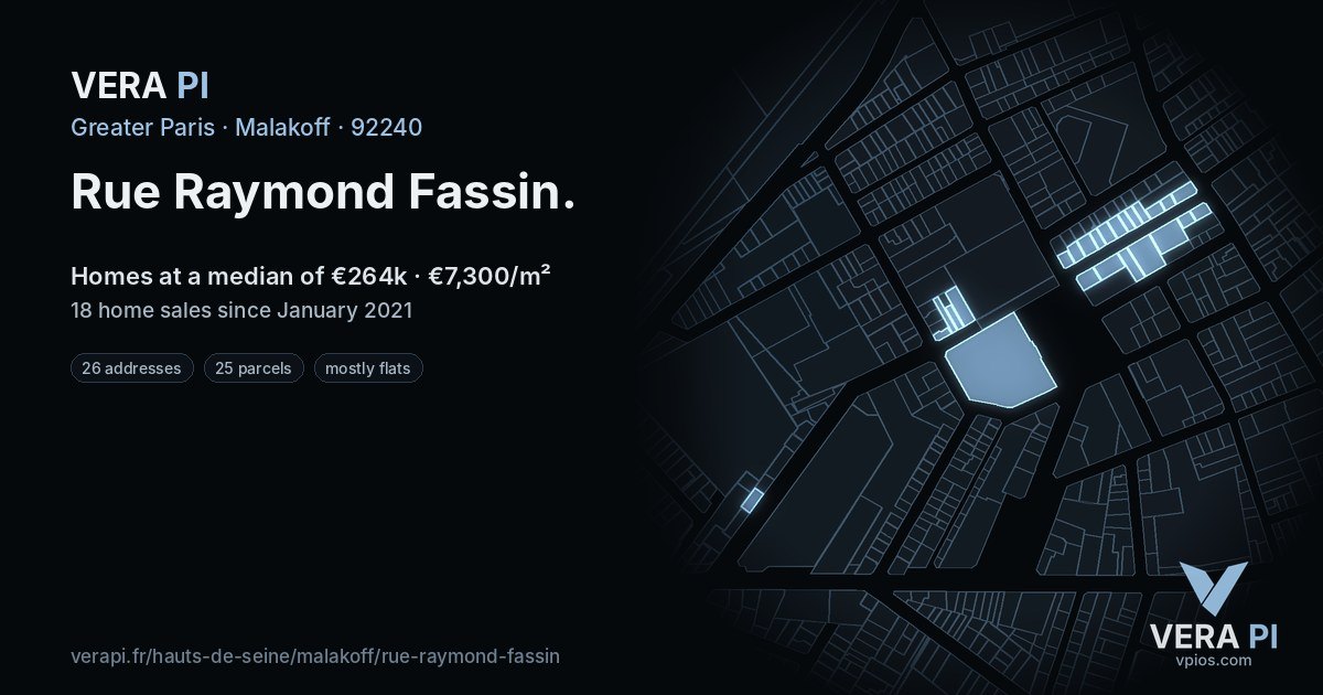 Rue Raymond Fassin, Malakoff at night – every parcel coloured by the prices around it, the street's own parcels lit
