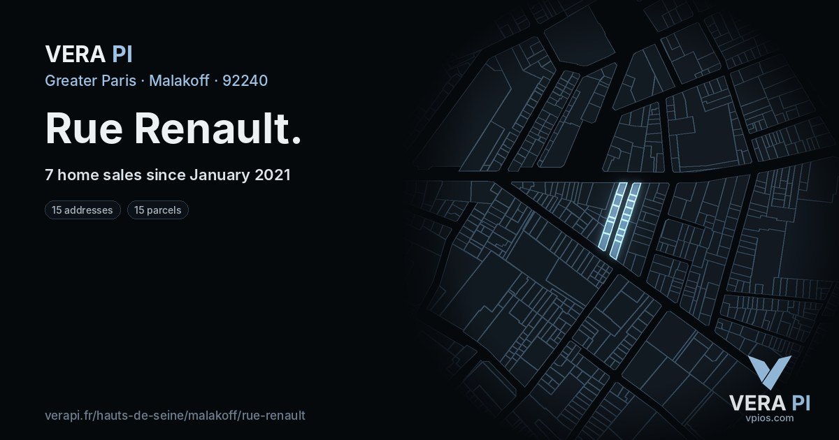Rue Renault, Malakoff at night – every parcel coloured by the prices around it, the street's own parcels lit