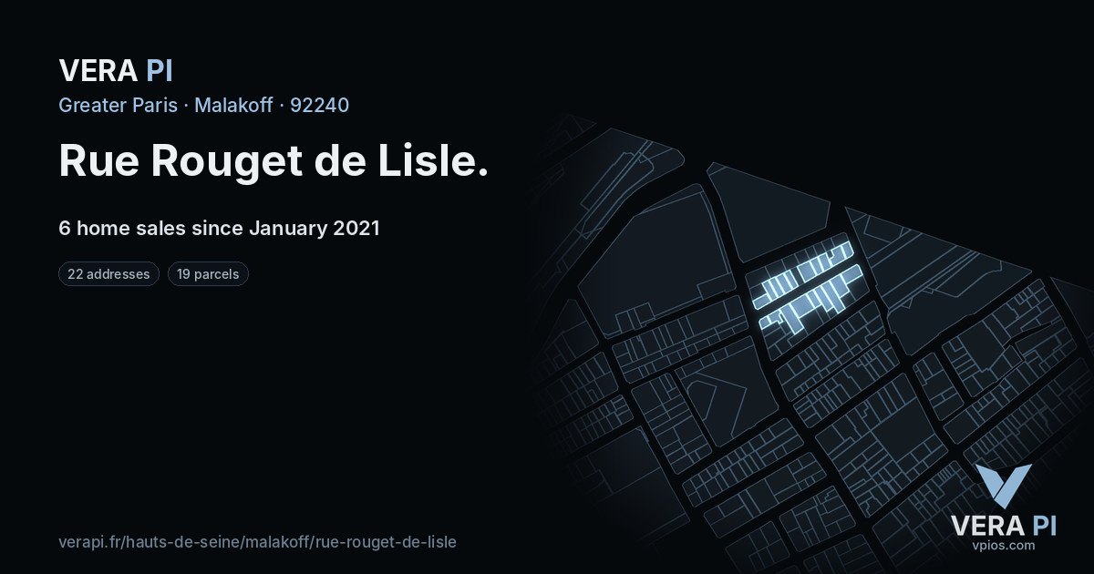 Rue Rouget de Lisle, Malakoff at night – every parcel coloured by the prices around it, the street's own parcels lit