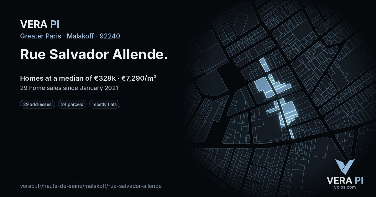 Rue Salvador Allende, Malakoff at night – every parcel coloured by the prices around it, the street's own parcels lit