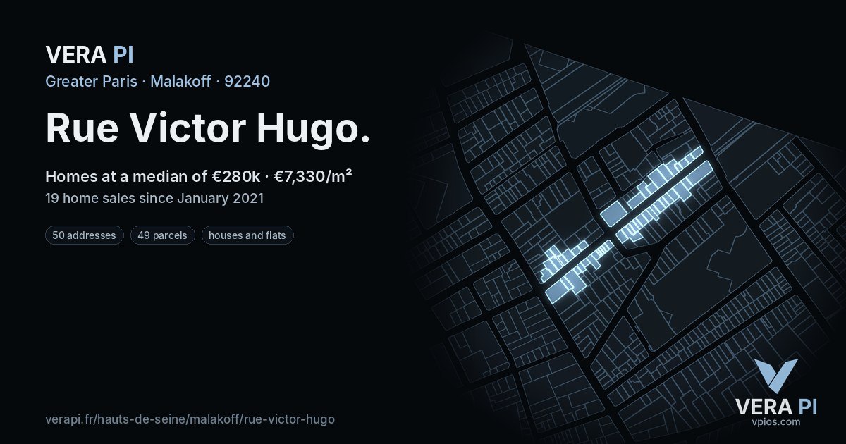 Rue Victor Hugo, Malakoff at night – every parcel coloured by the prices around it, the street's own parcels lit
