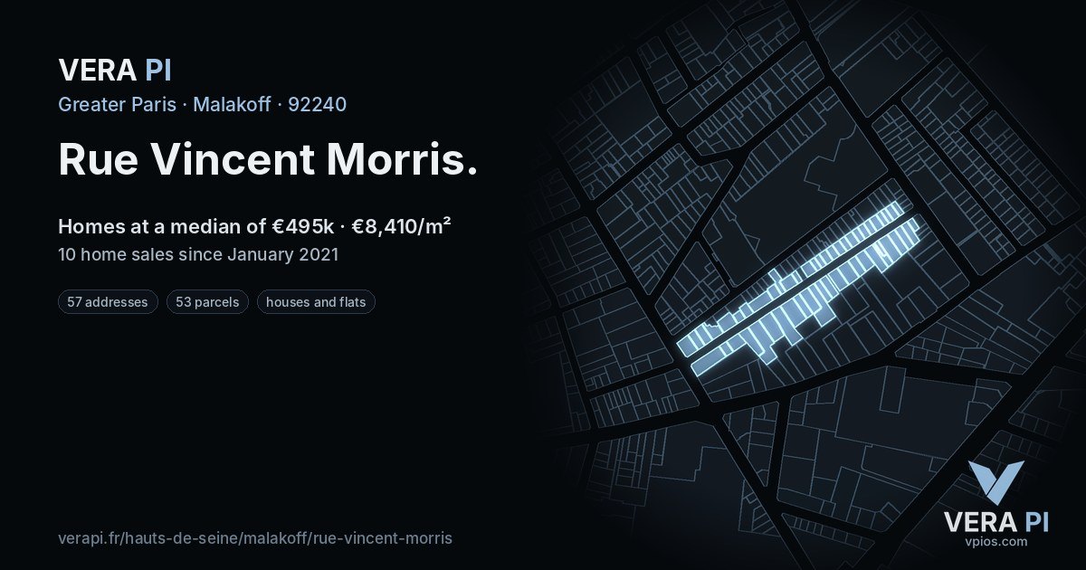 Rue Vincent Morris, Malakoff at night – every parcel coloured by the prices around it, the street's own parcels lit
