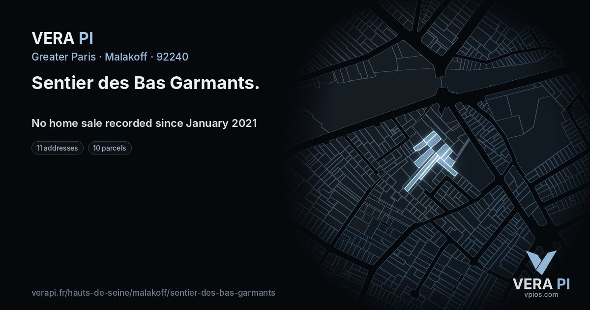 Sentier des Bas Garmants, Malakoff at night – every parcel coloured by the prices around it, the street's own parcels lit
