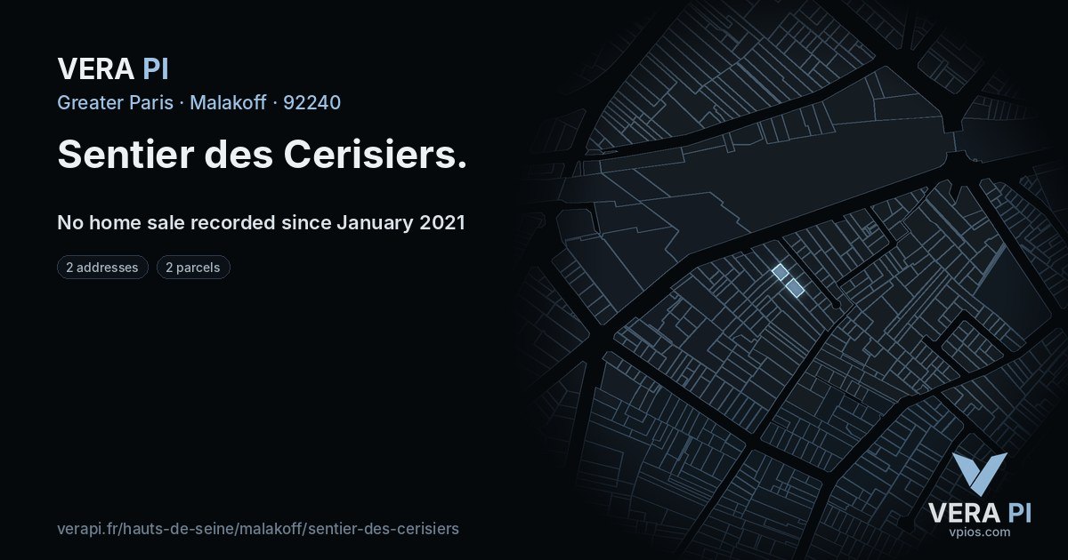Sentier des Cerisiers, Malakoff at night – every parcel coloured by the prices around it, the street's own parcels lit