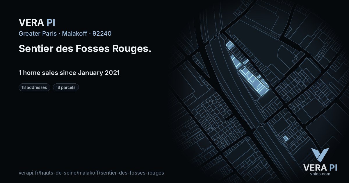 Sentier des Fosses Rouges, Malakoff at night – every parcel coloured by the prices around it, the street's own parcels lit