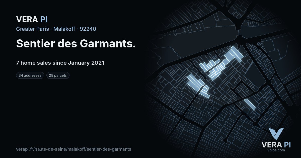 Sentier des Garmants, Malakoff at night – every parcel coloured by the prices around it, the street's own parcels lit