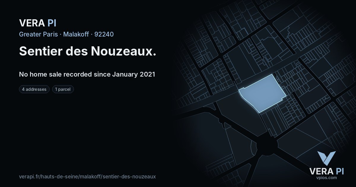 Sentier des Nouzeaux, Malakoff at night – every parcel coloured by the prices around it, the street's own parcels lit