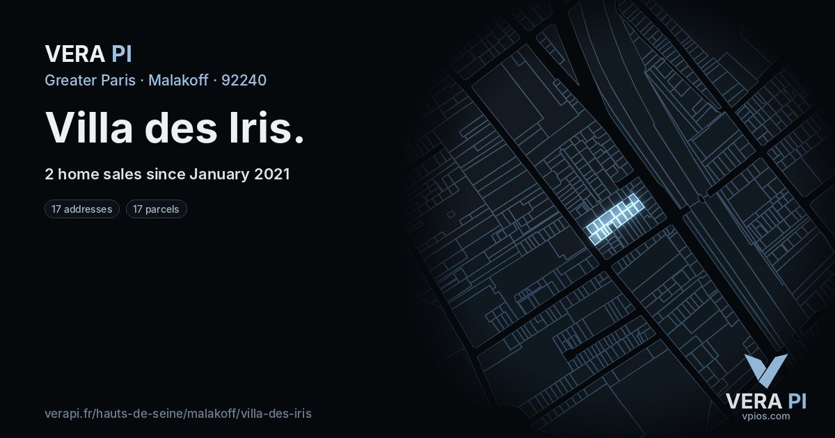 Villa des Iris, Malakoff at night – every parcel coloured by the prices around it, the street's own parcels lit