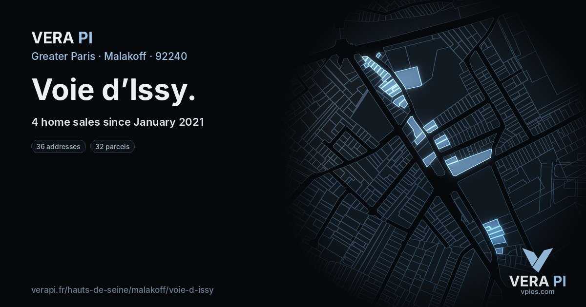 Voie d’Issy, Malakoff at night – every parcel coloured by the prices around it, the street's own parcels lit
