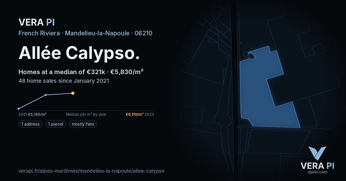 Allée Calypso, Mandelieu-la-Napoule at night – every parcel coloured by the prices around it, the street's own parcels lit