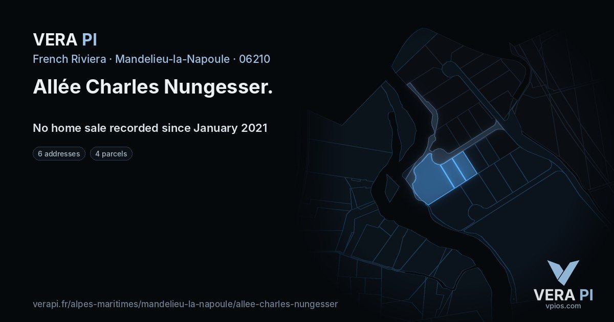 Allée Charles Nungesser, Mandelieu-la-Napoule at night – every parcel coloured by the prices around it, the street's own parcels lit