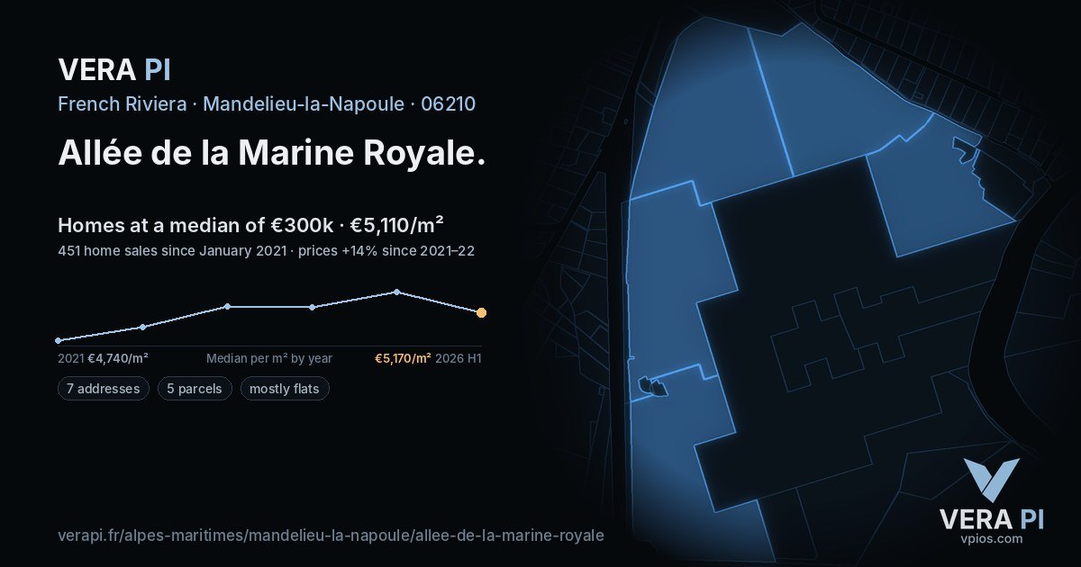 Allée de la Marine Royale, Mandelieu-la-Napoule at night – every parcel coloured by the prices around it, the street's own parcels lit