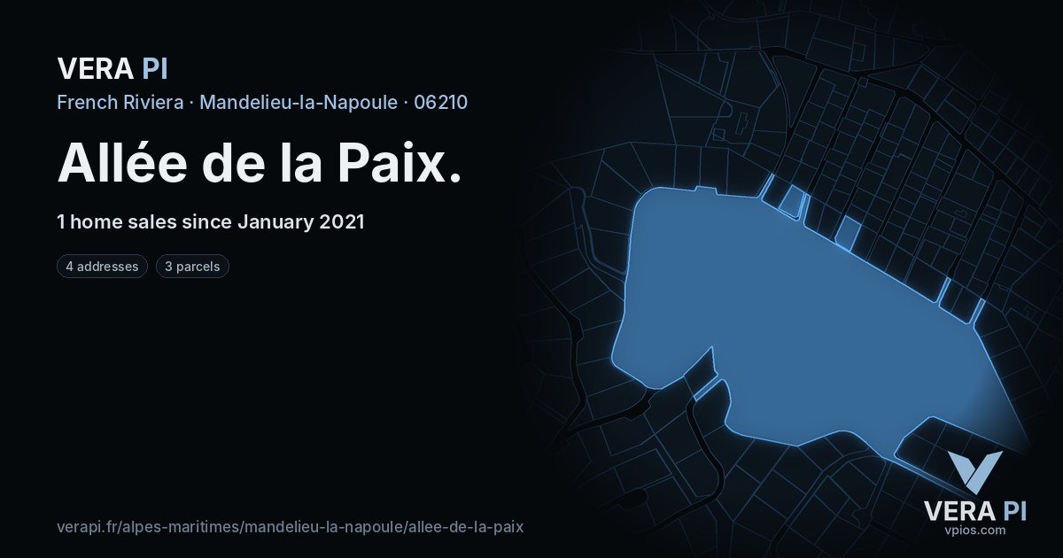 Allée de la Paix, Mandelieu-la-Napoule at night – every parcel coloured by the prices around it, the street's own parcels lit