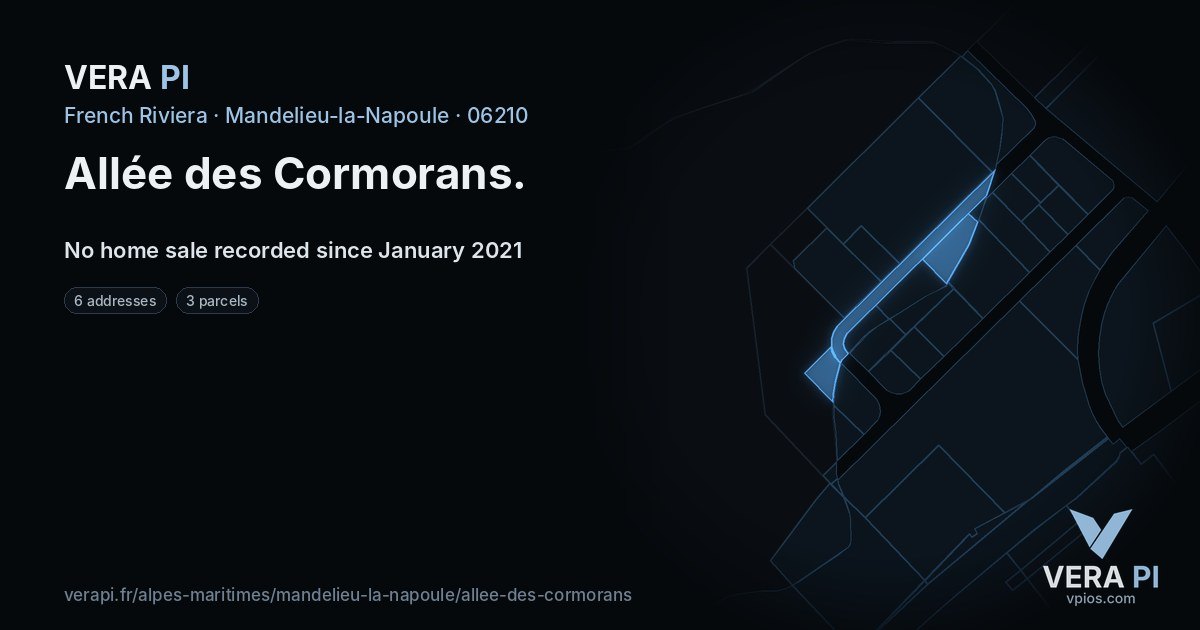 Allée des Cormorans, Mandelieu-la-Napoule at night – every parcel coloured by the prices around it, the street's own parcels lit