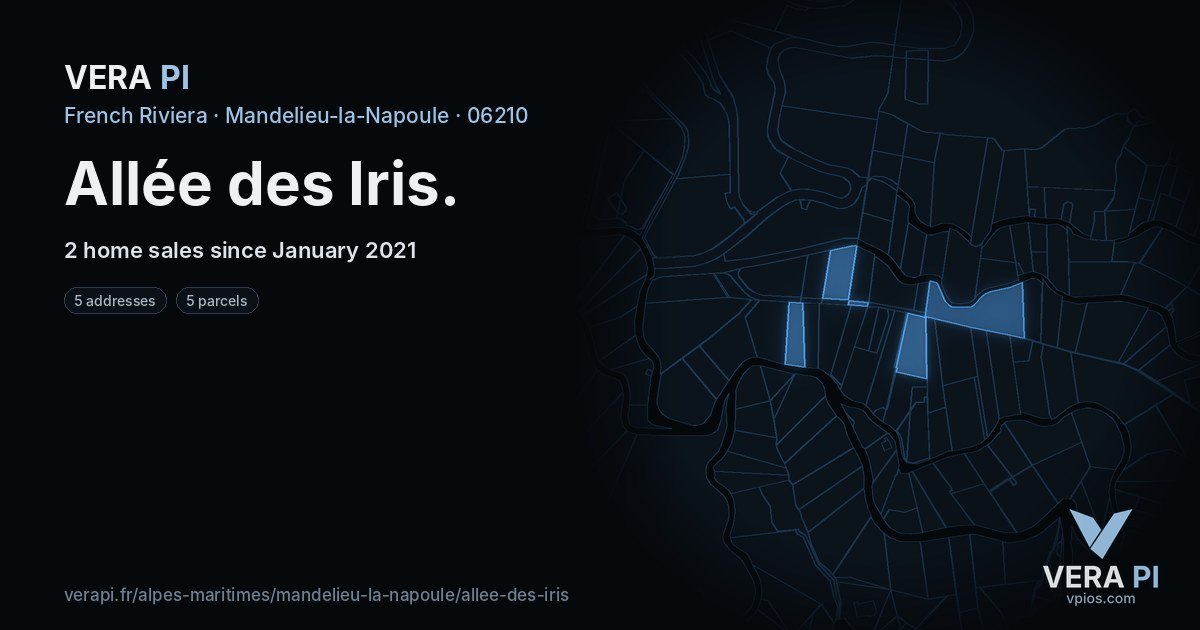 Allée des Iris, Mandelieu-la-Napoule at night – every parcel coloured by the prices around it, the street's own parcels lit