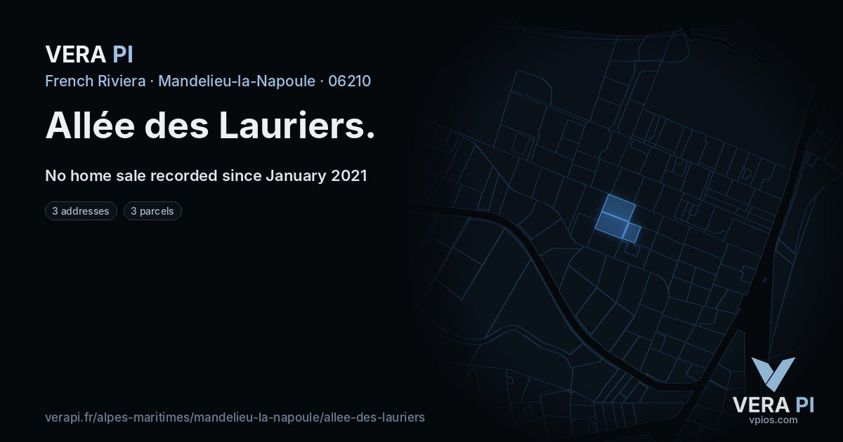 Allée des Lauriers, Mandelieu-la-Napoule at night – every parcel coloured by the prices around it, the street's own parcels lit