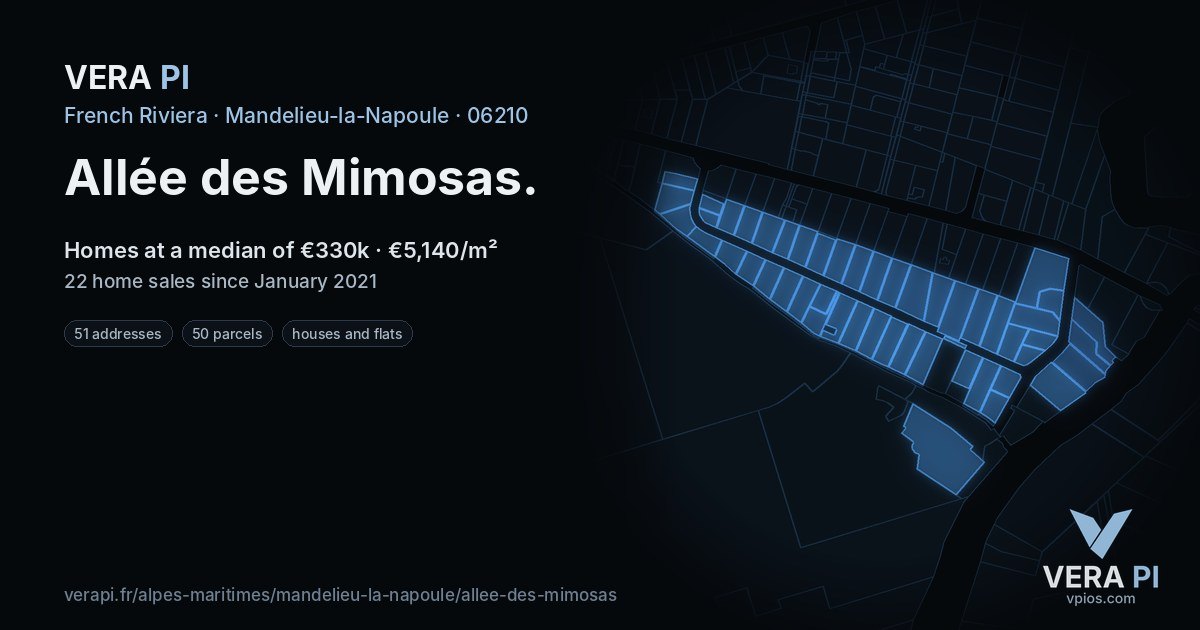 Allée des Mimosas, Mandelieu-la-Napoule at night – every parcel coloured by the prices around it, the street's own parcels lit