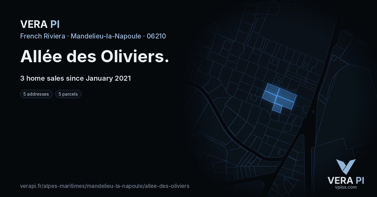 Allée des Oliviers, Mandelieu-la-Napoule at night – every parcel coloured by the prices around it, the street's own parcels lit