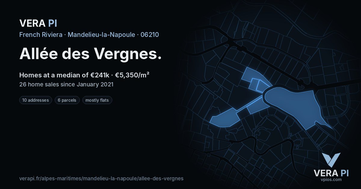 Allée des Vergnes, Mandelieu-la-Napoule at night – every parcel coloured by the prices around it, the street's own parcels lit